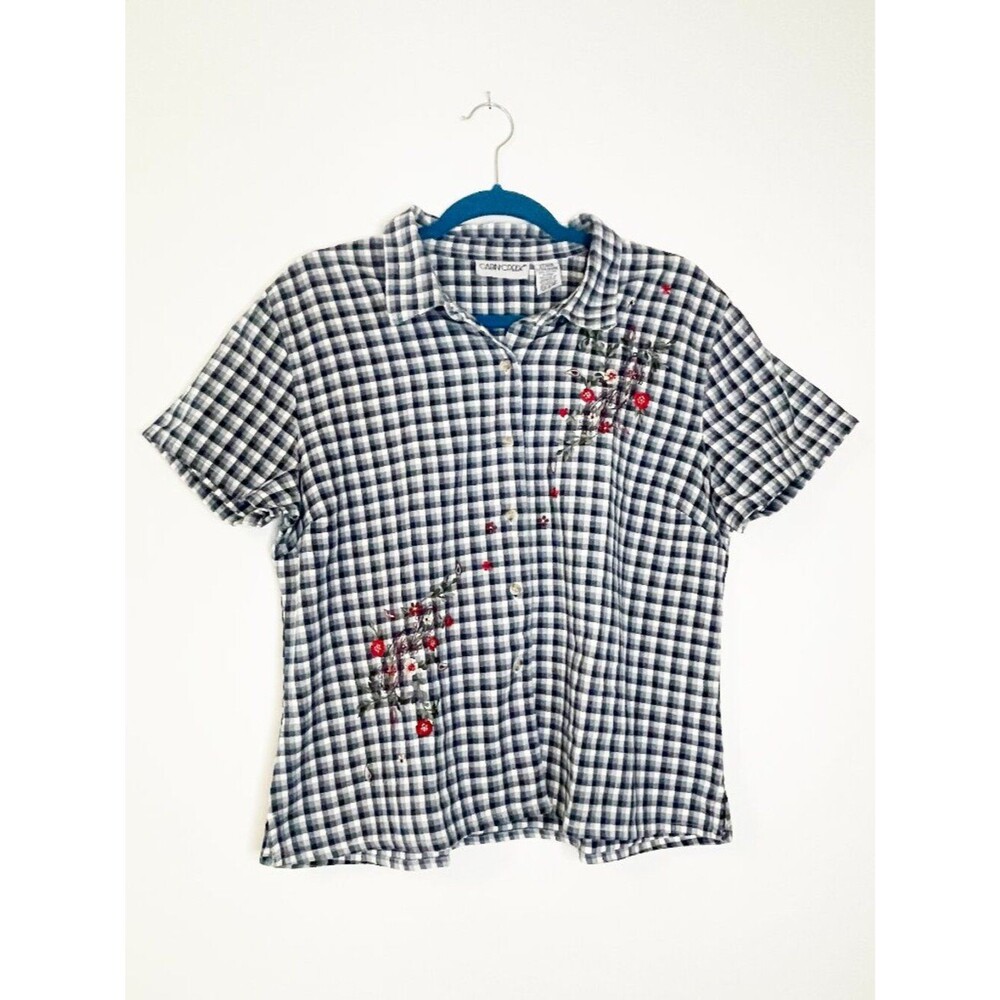 Cabin Creek Gingham Embroidered Button Front Shirt Petite XL Cottagecore Prairie